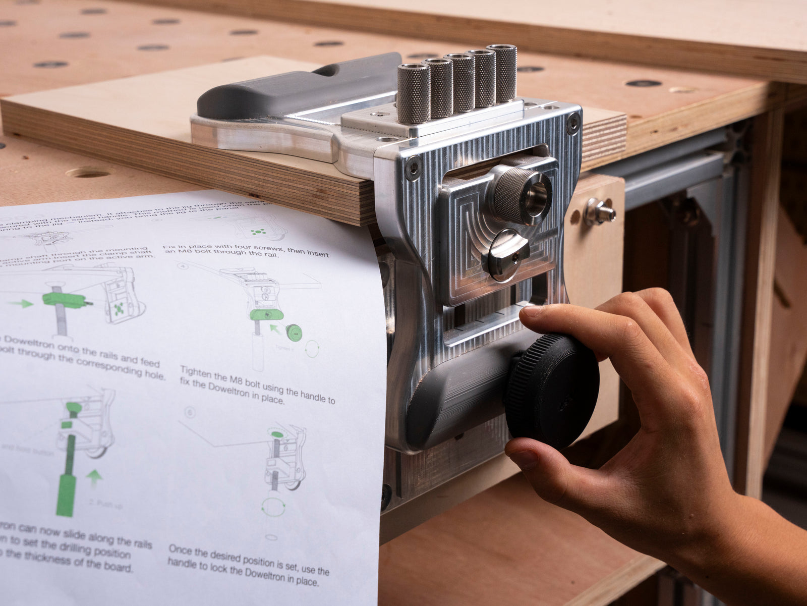 Doweltron mounted to a workbench