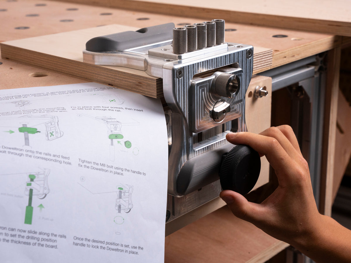 Doweltron mounted to a workbench